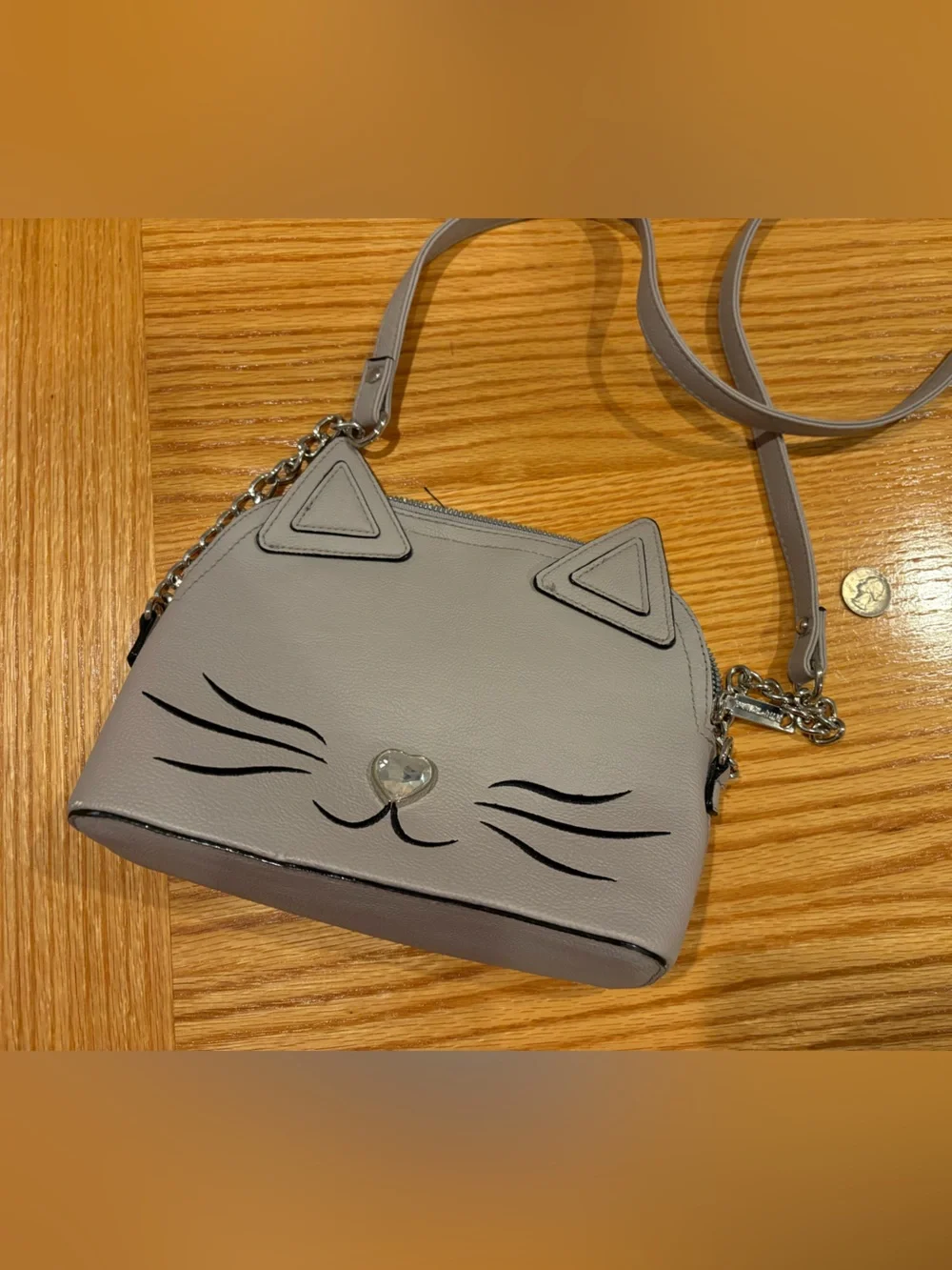 Betsey Johnson Gray Cat Face Crossbody Bag with Chain Strap